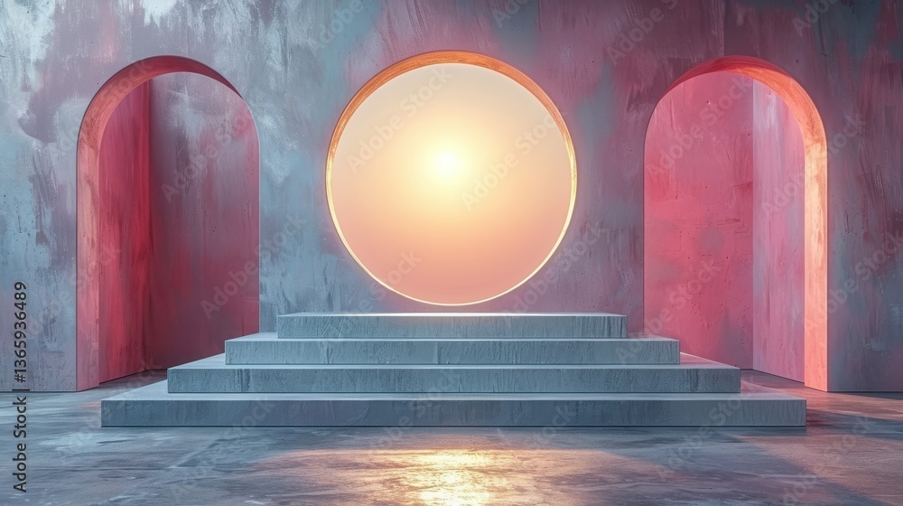 Poster a large, round, white object sits in the middle of a room with two arched openings. the room is pain
