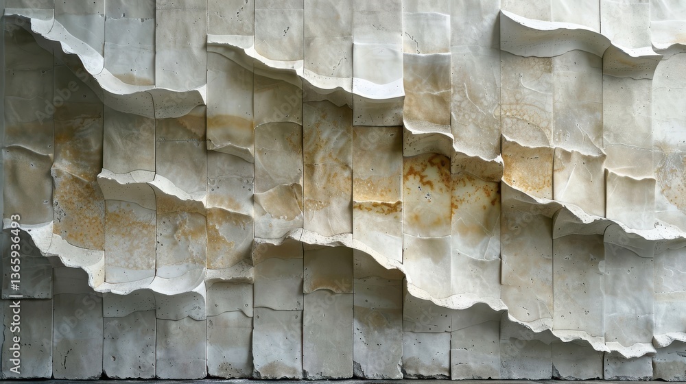 Poster a white and brown wall with a wave pattern. the wall is made of concrete blocks and has a rustic loo