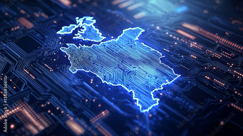 Poster futuristic digital map with glowing circuit board design representing artificial intelligence and te