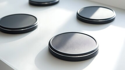Four black round objects on a white surface
