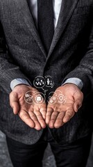 Fototapeta premium Businessman holding hands out with business diagrams
