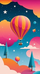 Hot air balloon floating in colorful sky with stars and clouds  