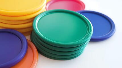 A stack of plastic lids in various colors