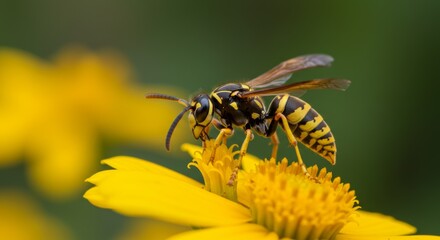 Fototapeta premium Detailed Yellowjacket Wasp on Bright Yellow Flower in Serene Garden Setting