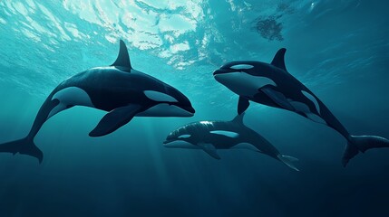 Orca pod swimming together, creating a dynamic and realistic ocean scene. 