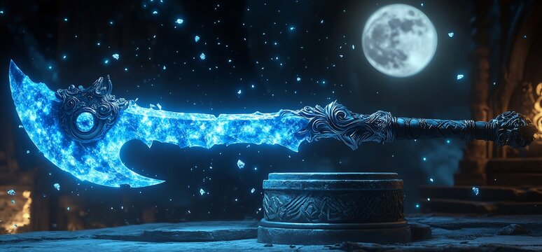 Enchanted azure glaive on pedestal under the moonlight, mystical weapon