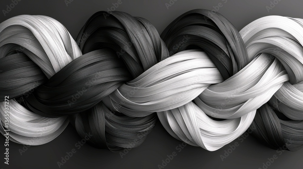 Poster a black and white image of a rope with a white stripe. the rope is twisted and knotted, creating a s