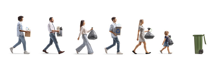 People walking in a line with waste for recycling