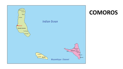 Comoros map. Country and union territories of Comoros with neighbouring countries. Political map of Comoros with capital and important cities in Detailed.