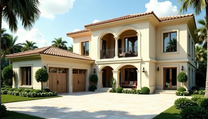 Elegant beige villa, large windows, courtyard, stone accents , property, contemporary