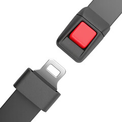 A close-up image of a car seatbelt and red safety buckle, highlighting vehicle safety essentials. Useful for safety campaigns, automotive design, or driving instruction materials.