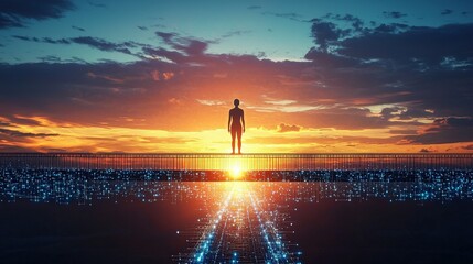 Futuristic explorer on digital bridge at sunset with glowing grid network