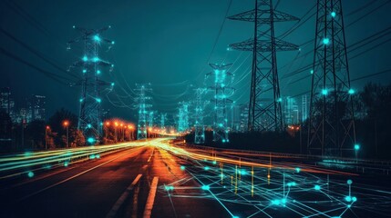 Night cityscape power grid with digital connections
