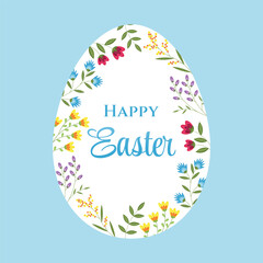 Happy Easter banner. Easter egg with flowers and typography on blue background. Design for greeting cards, posters, decorations, sale advertisement. Easter template. Flat style. Vector illustration.