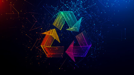 A colorful digital recycle symbol with a dark background and connecting lines and small dots around it