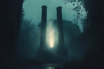 Ancient Pillars, Misty Forest, Night