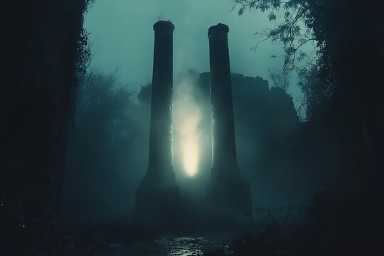 Ancient Pillars, Misty Forest, Night