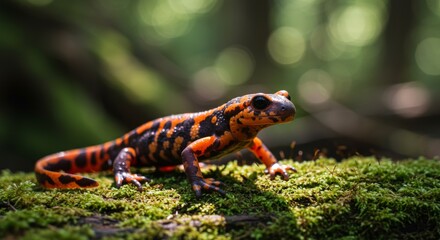 Fototapeta premium Bright Orange and Black Salamander Crawling on Mossy Log in Forest