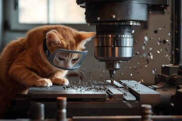 Ginger cat wearing safety glasses observing milling machine at work. Generative ai illustrations