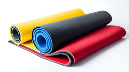 Three yoga mats are stacked on top of each other, with one being red