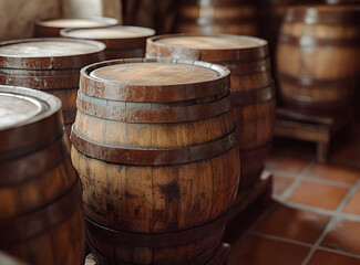 Fototapeta premium A collection of aged wooden barrels banded with dark metal stacked indoors on a tiled floor.