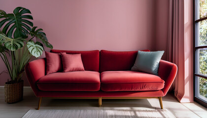 Un elegante sofá moderno de tela de color rojo con cojines  en una sala luminosa junto a una planta verde y una ventana