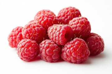 Close up photograph of ripe red raspberries on white background