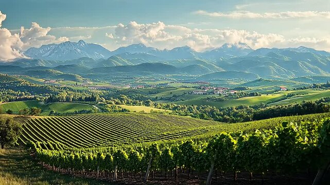 Picturesque hillside vineyard with lush green vines, rolling hills, and snow-capped mountains in the distance.