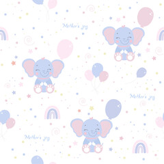 Seamless vector pattern with cute baby elephants, pastel balloons, rainbows, and stars. Soft nursery design perfect for baby products, textiles, wallpapers, and greeting cards.	