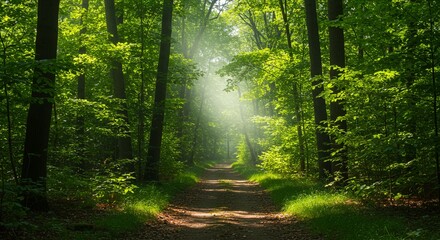 Obraz premium Serene Sunlight Dappled Path Through Lush Green Forest Tranquil Nature Scene