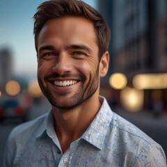 Obraz premium Close-up portrait of a man with a confident smile against a blurred city background.