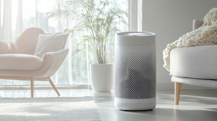 A high-efficiency air purifier with a large filter and fan, placed in a clean white room