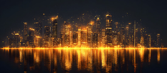 Golden city skyline at night shimmering on the water with a dreamy magical and futuristic ambiance.