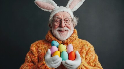 Elderly caucasian man in easter bunny costume holding colorful eggs with joyful expression. Easter, Pascha, Paskha, Ostern, Pascua, Paques - Orthodox and Catholic Holiday celebration