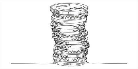 Coin stack continuous single line art drawing sketch on white background © Bigbambe