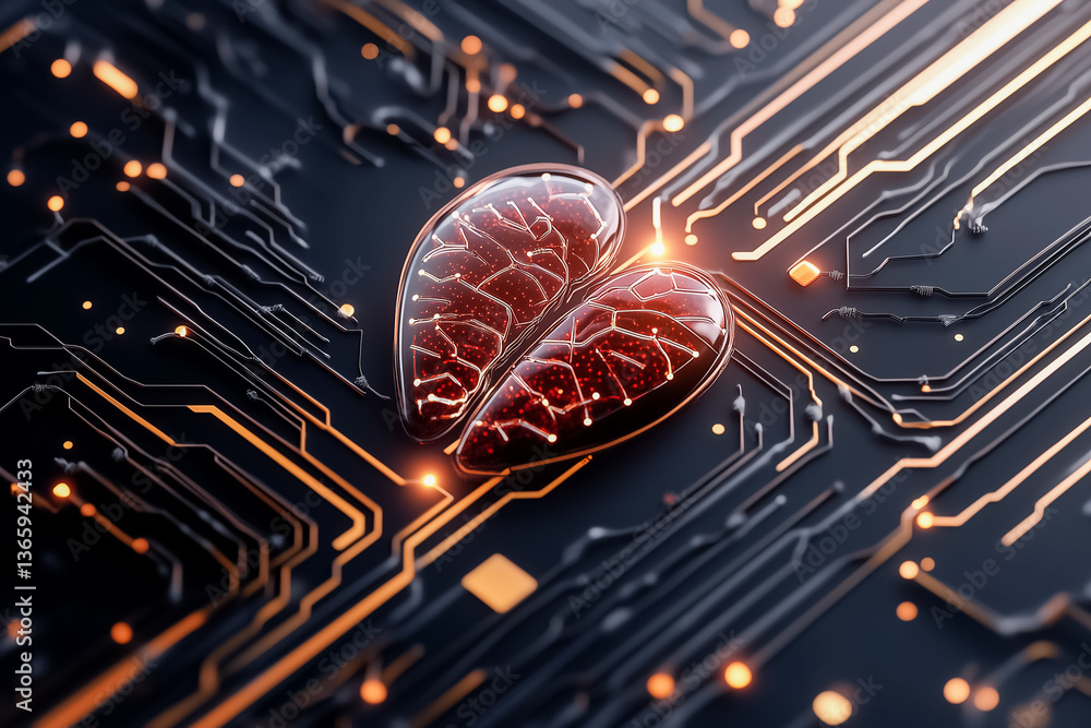 Poster heart shape design integrated with circuit board elements. high-tech setting with glowing details on