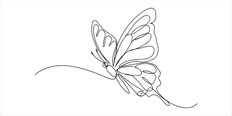 Butterfly flying continuous single line art drawing sketch on white background