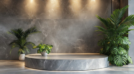 Elegant Marble Podium with Tropical Plants Modern Display Stand