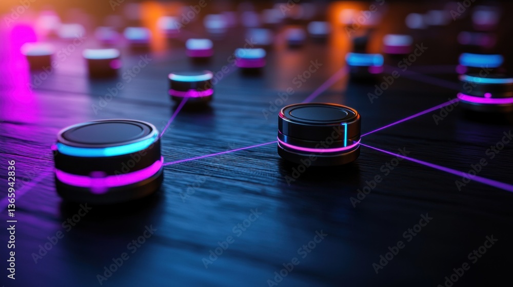 Poster futuristic network connection with glowing nodes on a dark wooden surface at dusk