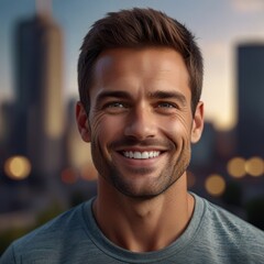Obraz premium Close-up portrait of a man with a confident smile against a blurred city background.