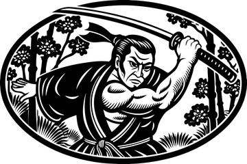 Bushido muscular samurai with katana, showcasing traditional Japanese warrior art sketch linocut vector