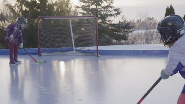 Sisters playing hockey on the ice together