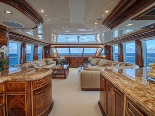 Fototapeta premium Luxurious yacht interior with polished wood and ocean views