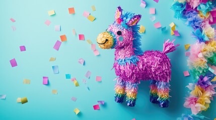 Naklejka premium Colorful donkey pinata with confetti on vibrant blue background. Cinco de Mayo, Battle of Puebla Day, Mexican Heritage Festival - Latin American Cultural Celebration
