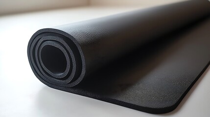 A black yoga mat is rolled up and laying on a white surface