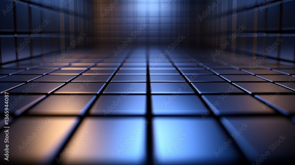 Poster abstract view of a reflective tiled floor in a dimly lit corridor with soft blue lighting