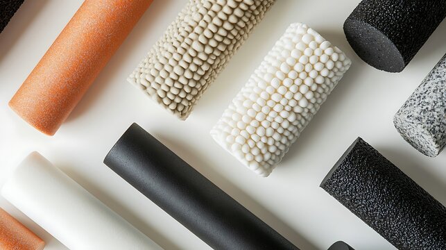 A collection of different colored and textured foam rollers