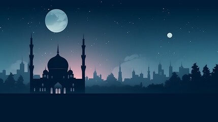 Nighttime Mosque Silhouette Against City Skyline And Moon