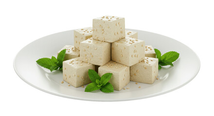 Isolated Tofu Cubes with Mint