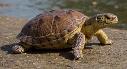 Fototapeta premium Close-up of an Alert Turtle Strolling on Concrete near Tranquil Water